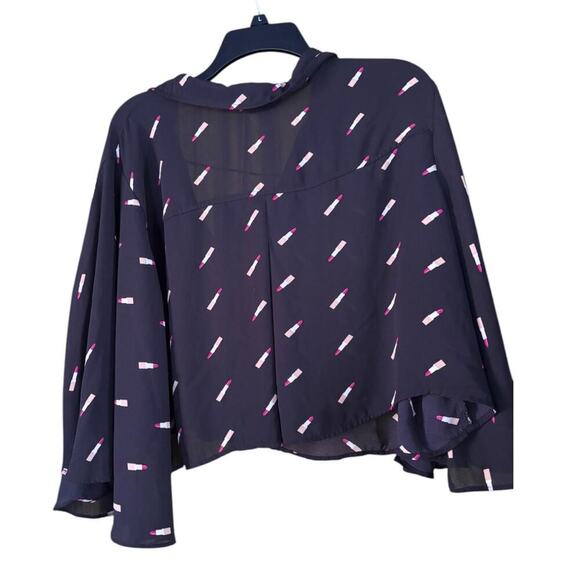 Black Sheer Button Up Blouse with Pink Lipstick Print Flowy Sleeve Trendy Top - Picture 2 of 5